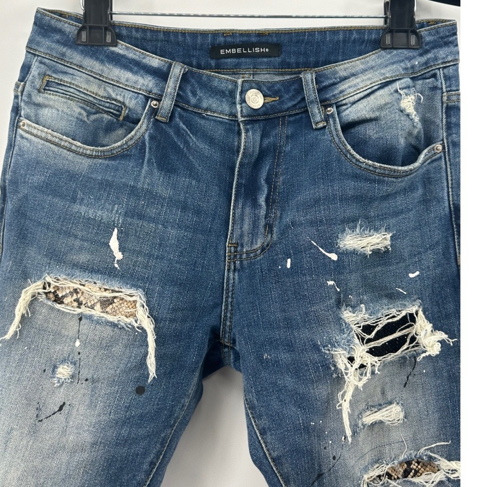 Embellish NYC Distressed Skinny Jean Mens 32 Blue Paint Splatter Snakeskin Patch